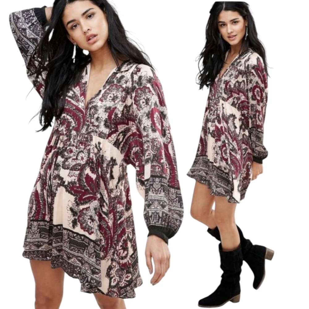 Free People Long Puff Sleeve Minidress Say You Love Me Size xs Boho Dress